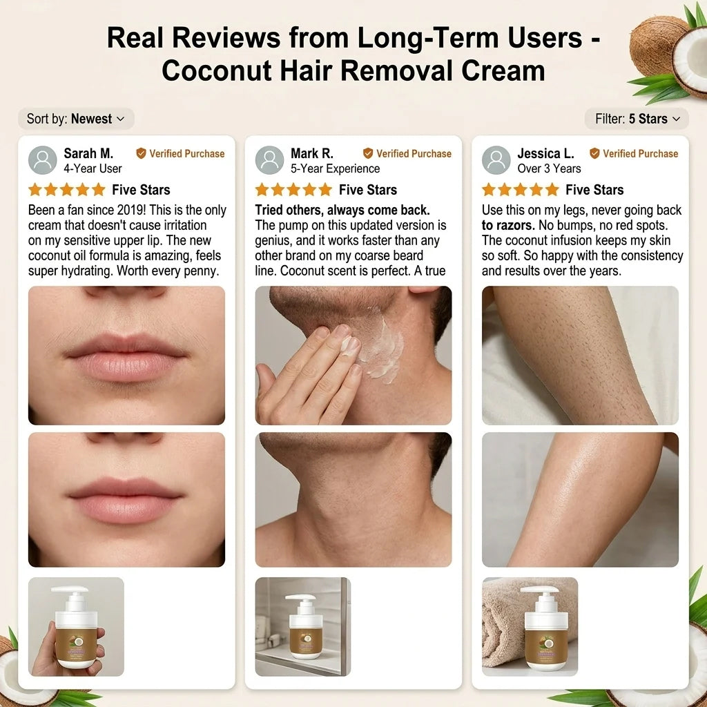 🥥 Painless Hair Removal — Face, Underarms, Legs, & Intimate Areas — Gentle Growth Inhibition: Coconut Hair Removal Cream⭐