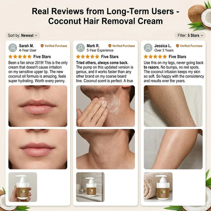 🥥 Painless Hair Removal — Face, Underarms, Legs, & Intimate Areas — Gentle Growth Inhibition: Coconut Hair Removal Cream⭐