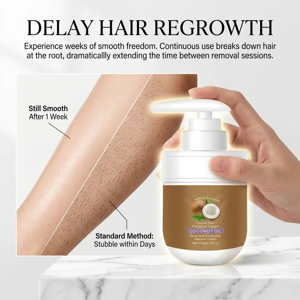 🥥 Painless Hair Removal — Face, Underarms, Legs, & Intimate Areas — Gentle Growth Inhibition: Coconut Hair Removal Cream⭐