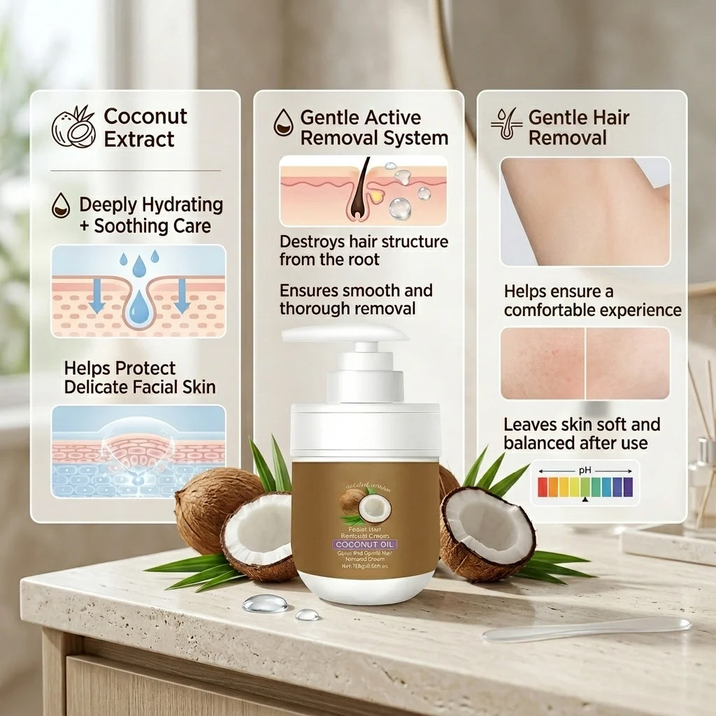🥥 Painless Hair Removal — Face, Underarms, Legs, & Intimate Areas — Gentle Growth Inhibition: Coconut Hair Removal Cream⭐