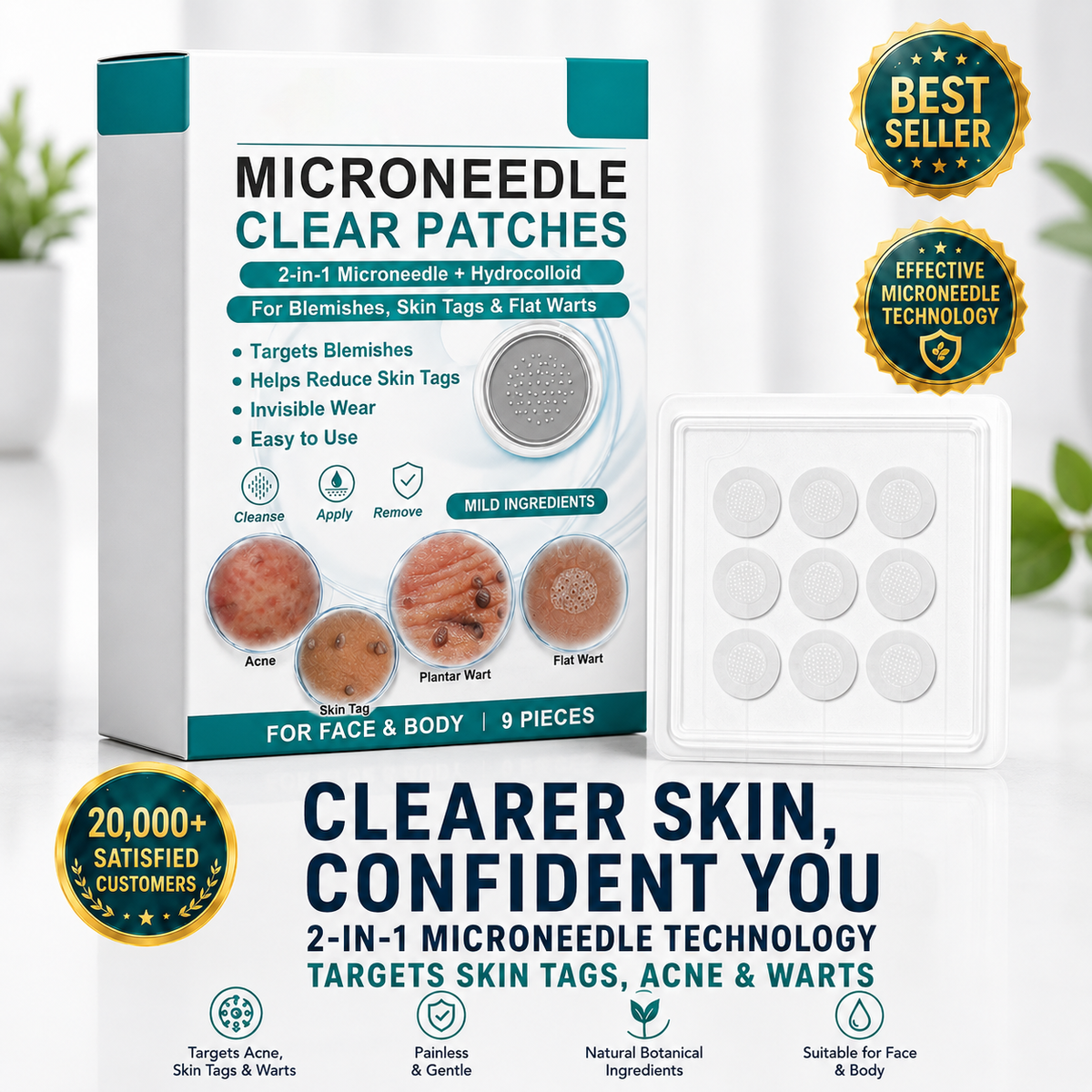 Tryourplus® 2-in-1 Microneedle & Hydrocolloid Patch 🌿 Invisible Face & Body Patches for Raised Moles, Acne, Flat Warts & Skin Tags - Helps Improve the Appearance of Wrinkles, Scars & Blemishes